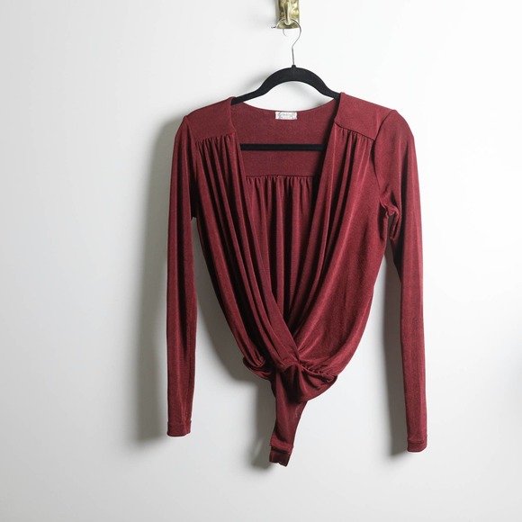 Intimately Free People Dark Red Long Sleeve Wrap Front Bodysuit - Picture 6 of 6